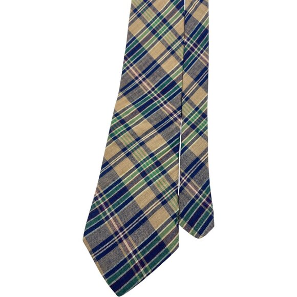 Lands' End Cotton Tie Green Blue Tartan Plaid - Picture 1 of 6